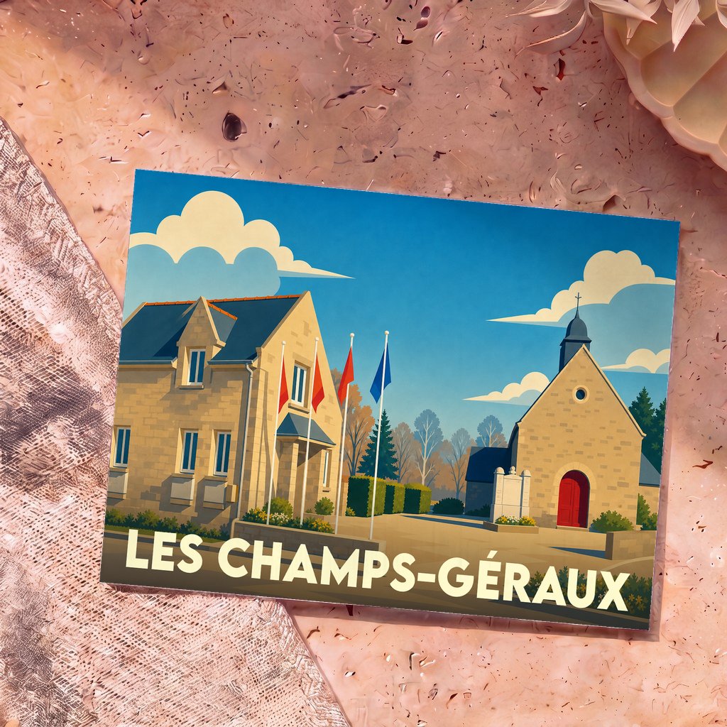 Carte postale souvenir de la ville de Les Champs-Géraux avec une illustration stylisée.
