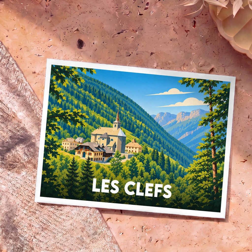 Carte postale souvenir de la ville de Les Clefs avec une illustration stylisée de son église au cœur des montagnes.