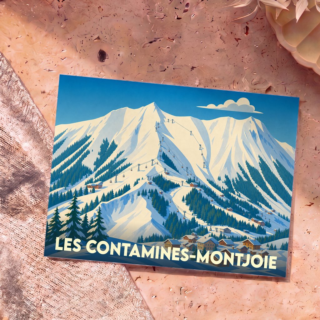 Carte postale souvenir de la ville de Les Contamines-Montjoie avec une illustration stylisée d'un paysage de montagne enneigé.