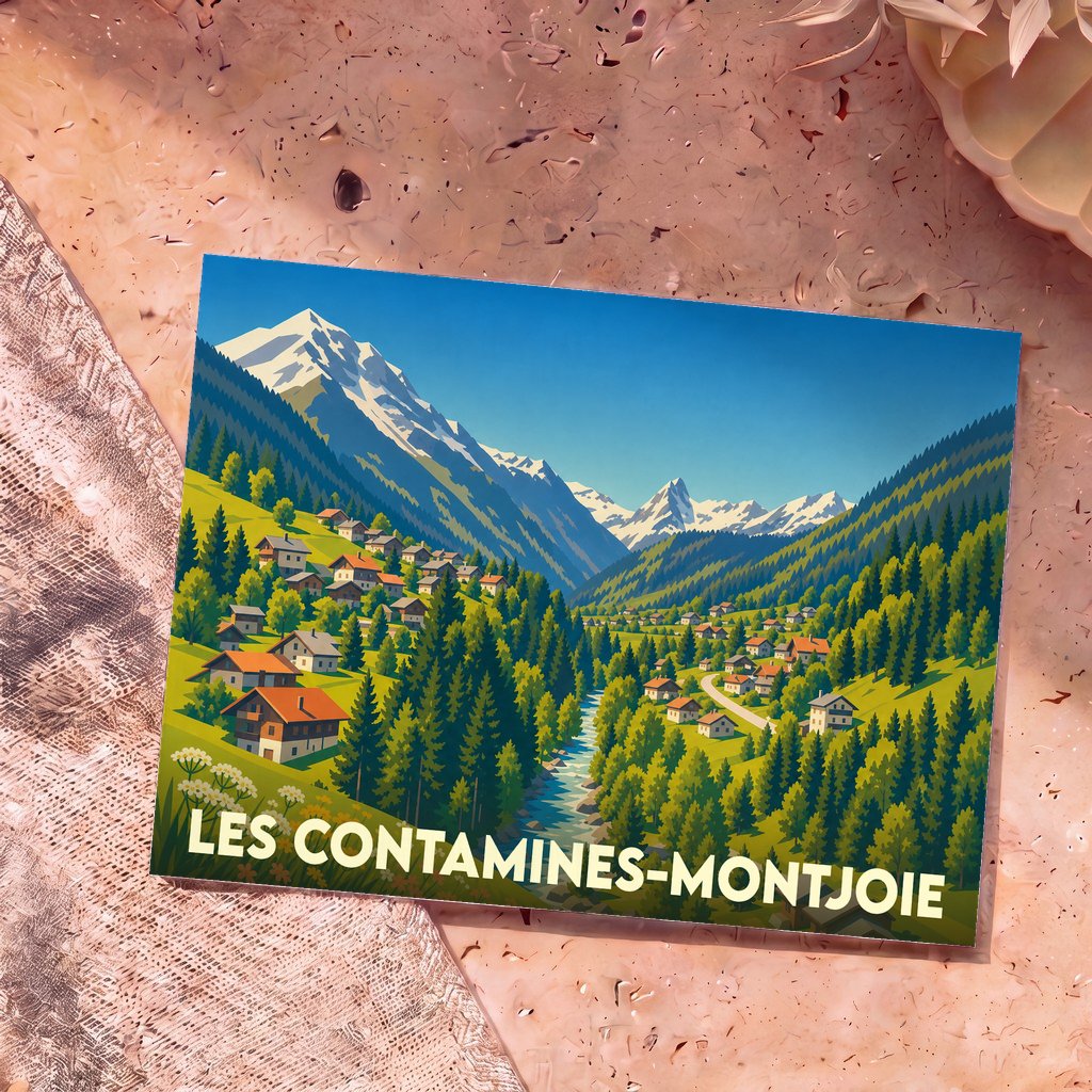 Carte postale souvenir de la ville de Les Contamines-Montjoie avec une illustration stylisée d'un village de montagne.