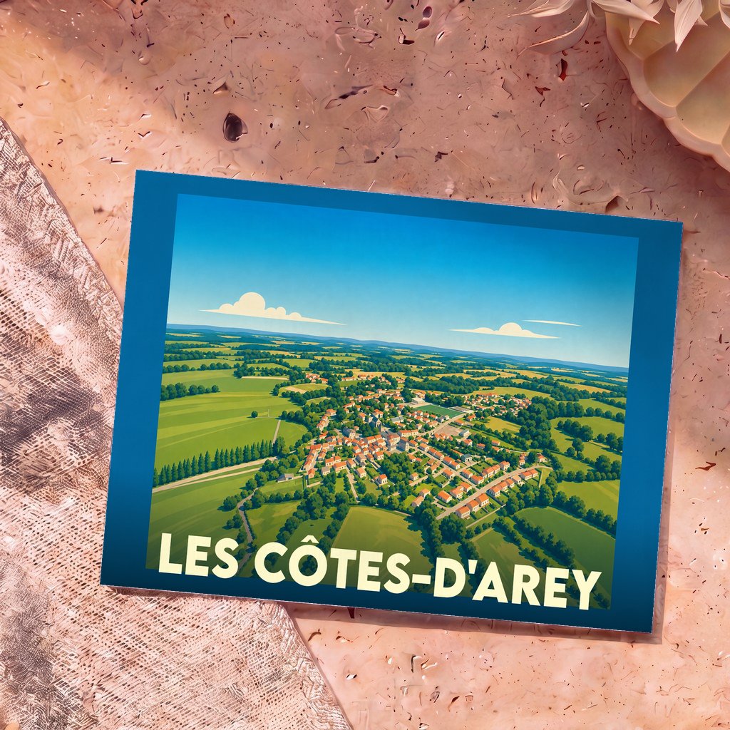 Carte postale souvenir de la ville de Les Côtes-d'Arey avec une illustration stylisée vue du ciel.