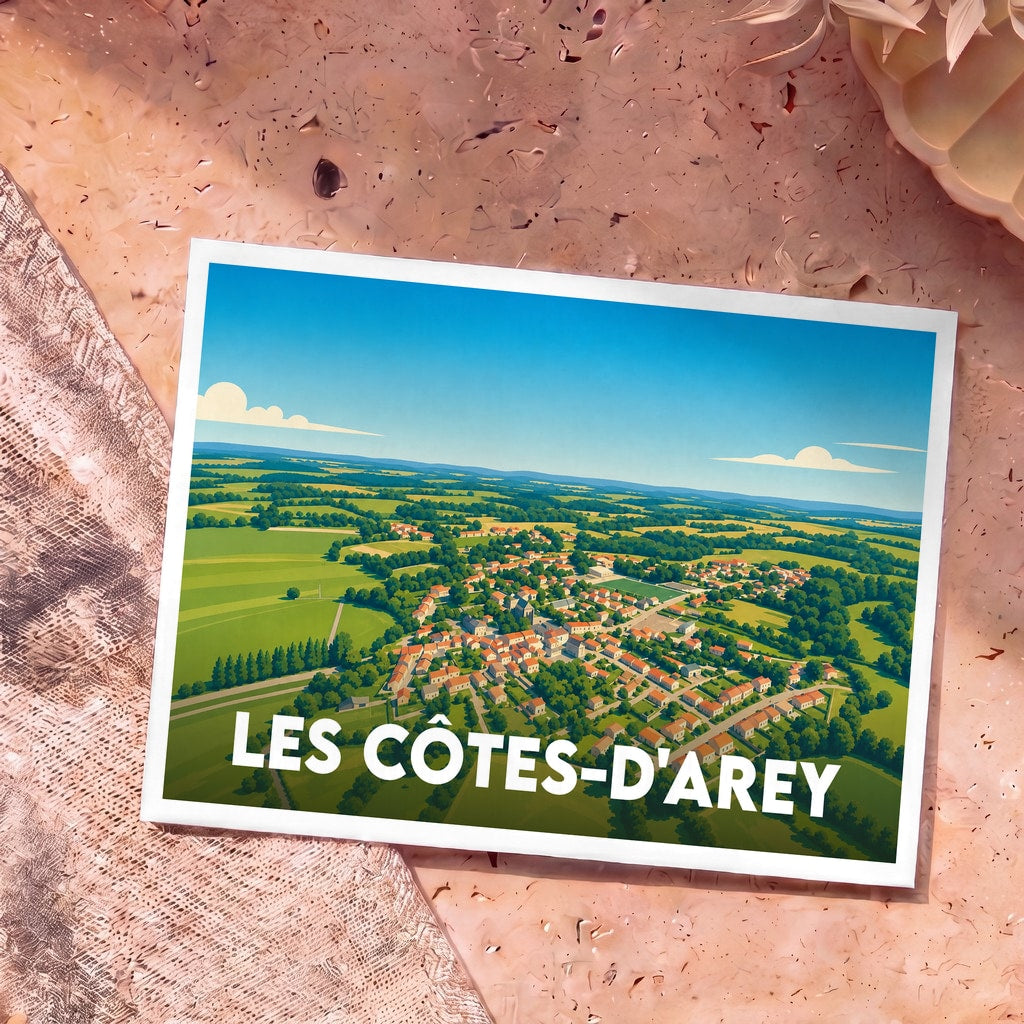 Carte postale souvenir de la ville de Les Côtes-d'Arey avec une illustration stylisée vue du ciel.