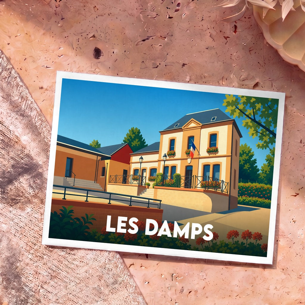 Carte postale souvenir de la ville de Les Damps avec une illustration stylisée de sa mairie.