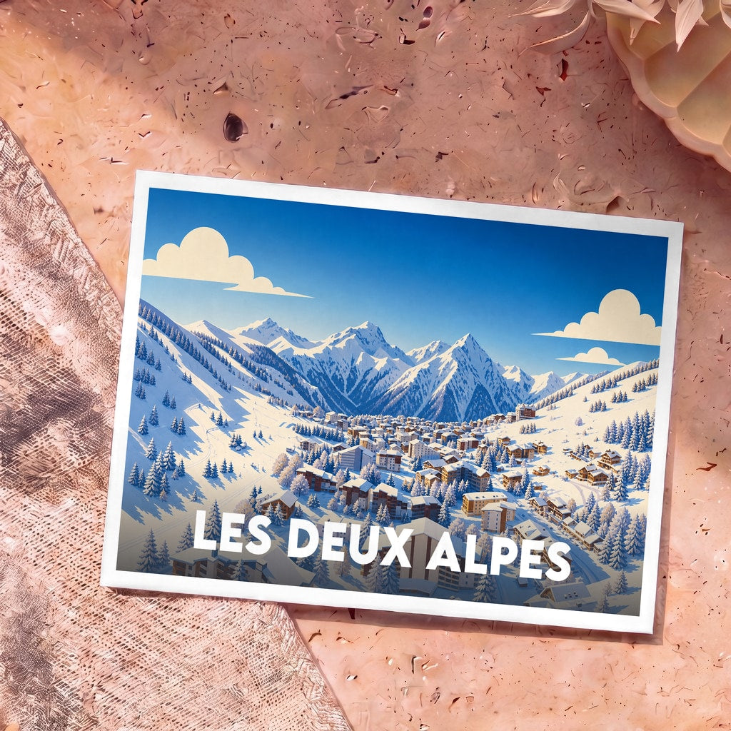 Carte postale souvenir de la ville de Les Deux Alpes illustrant une station de ski enneigée.