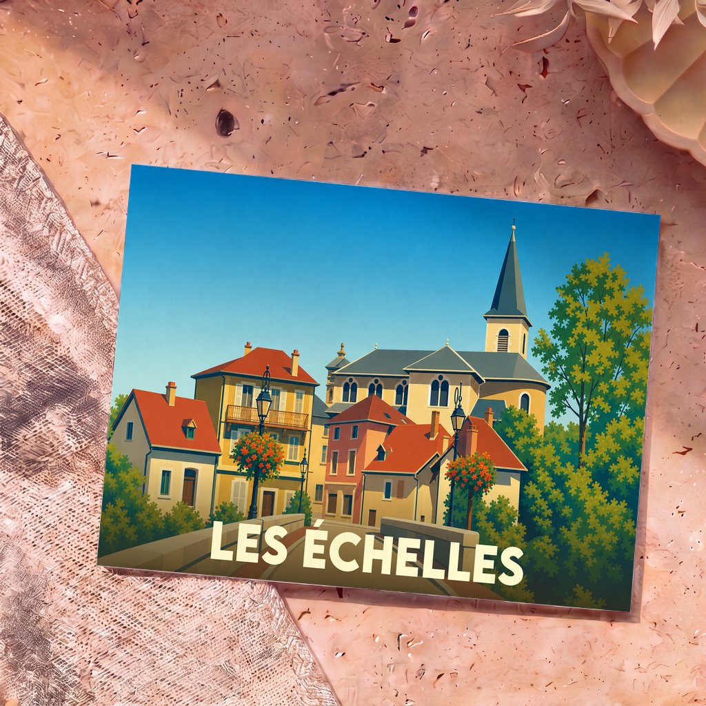 Carte postale souvenir de la ville de Les Échelles illustrant son architecture traditionnelle dans un style vintage coloré.