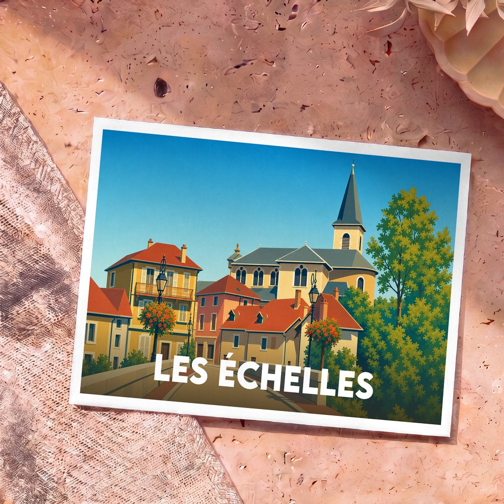 Carte postale souvenir de la ville de Les Échelles illustrant son architecture traditionnelle dans un style vintage coloré.