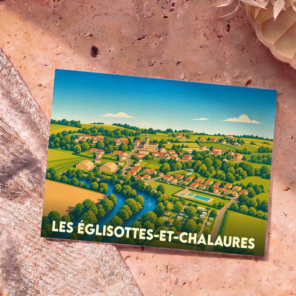Carte postale souvenir de la ville de Les Églisottes-et-Chalaures avec une illustration stylisée.