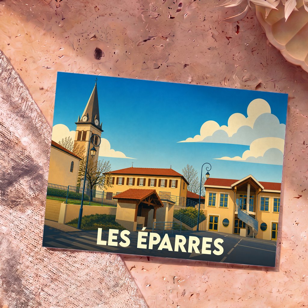 Carte postale souvenir de la ville de Les Éparres avec une illustration stylisée de son église et de ses bâtiments.