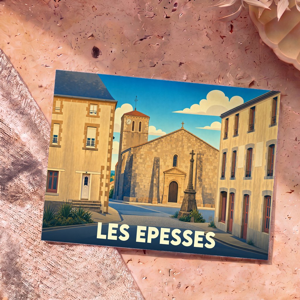 Carte postale souvenir de la ville de Les Epesses avec une illustration stylisée d'une église et de bâtiments traditionnels.