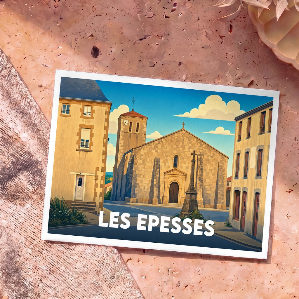 Carte postale souvenir de la ville de Les Epesses avec une illustration stylisée d'une église et de bâtiments traditionnels.