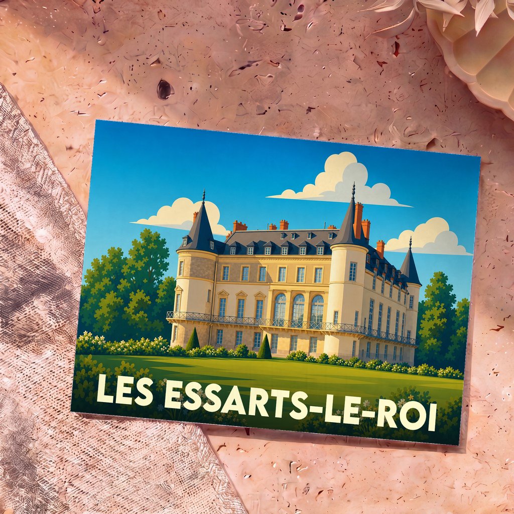 Carte postale souvenir de la ville de Les Essarts-le-Roi avec une illustration stylisée d'un château.