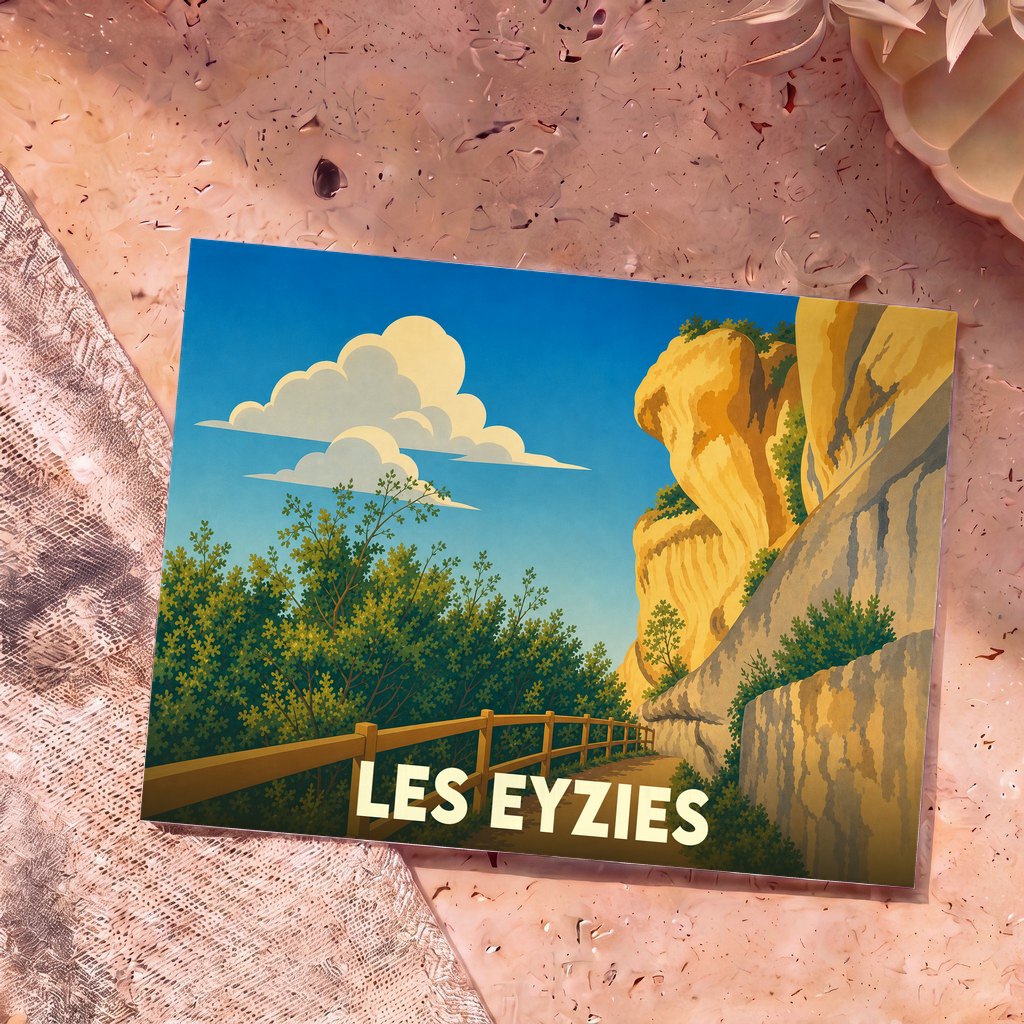 Carte postale souvenir de la ville de Les Eyzies avec une illustration stylisée de ses célèbres falaises.
