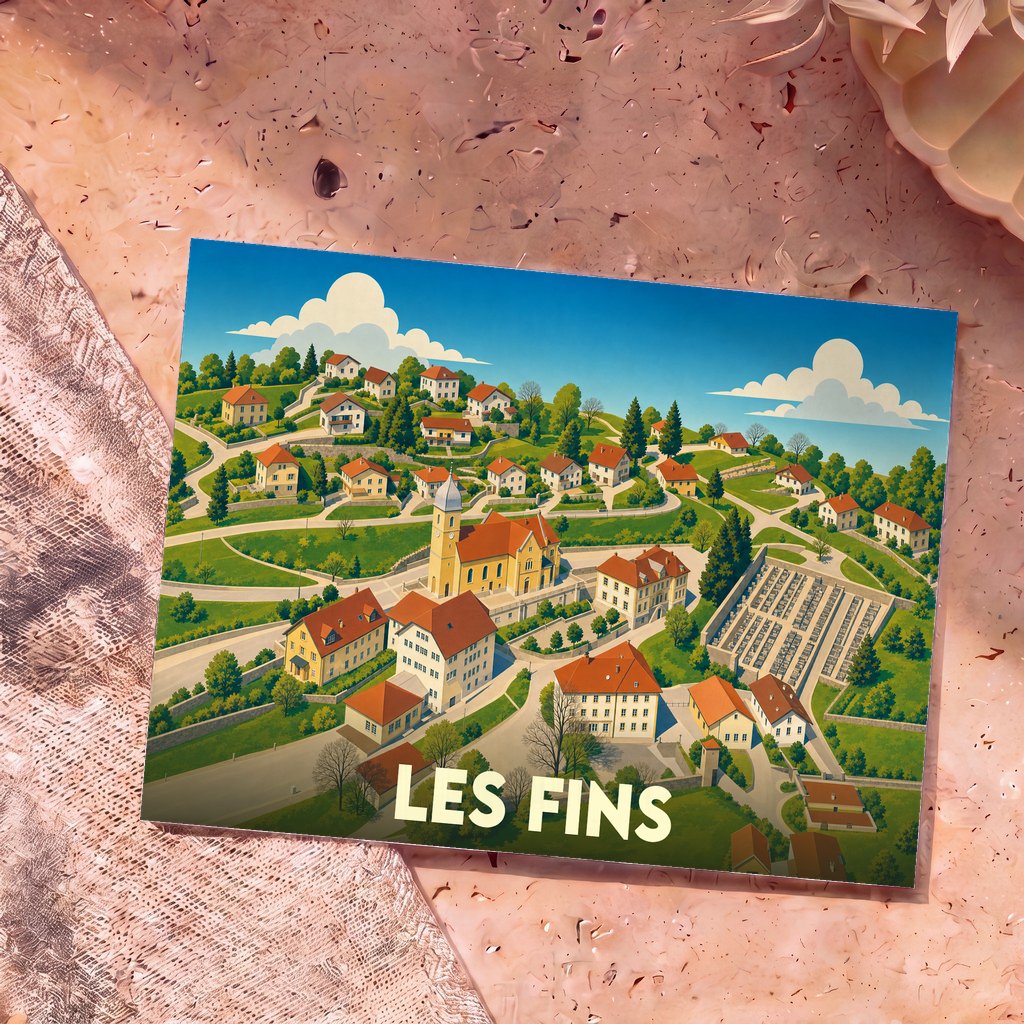 Carte postale souvenir de la ville de Les Fins avec une illustration stylisée et colorée.