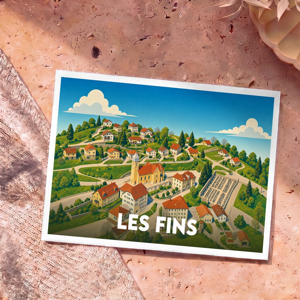 Carte postale souvenir de la ville de Les Fins avec une illustration stylisée et colorée.