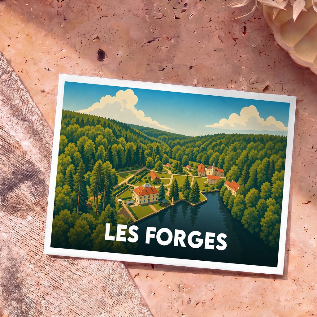 Carte postale souvenir de la ville de Les Forges avec une illustration stylisée représentant un village niché dans une vallée verdoyante.