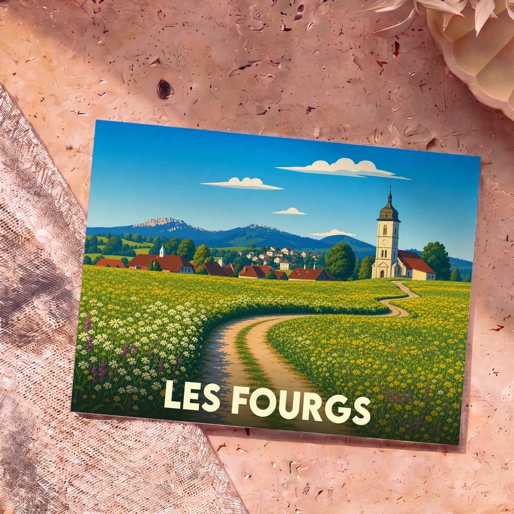 Carte postale souvenir de la ville de Les Fourgs avec une illustration stylisée d'un village de montagne et ses champs de fleurs.