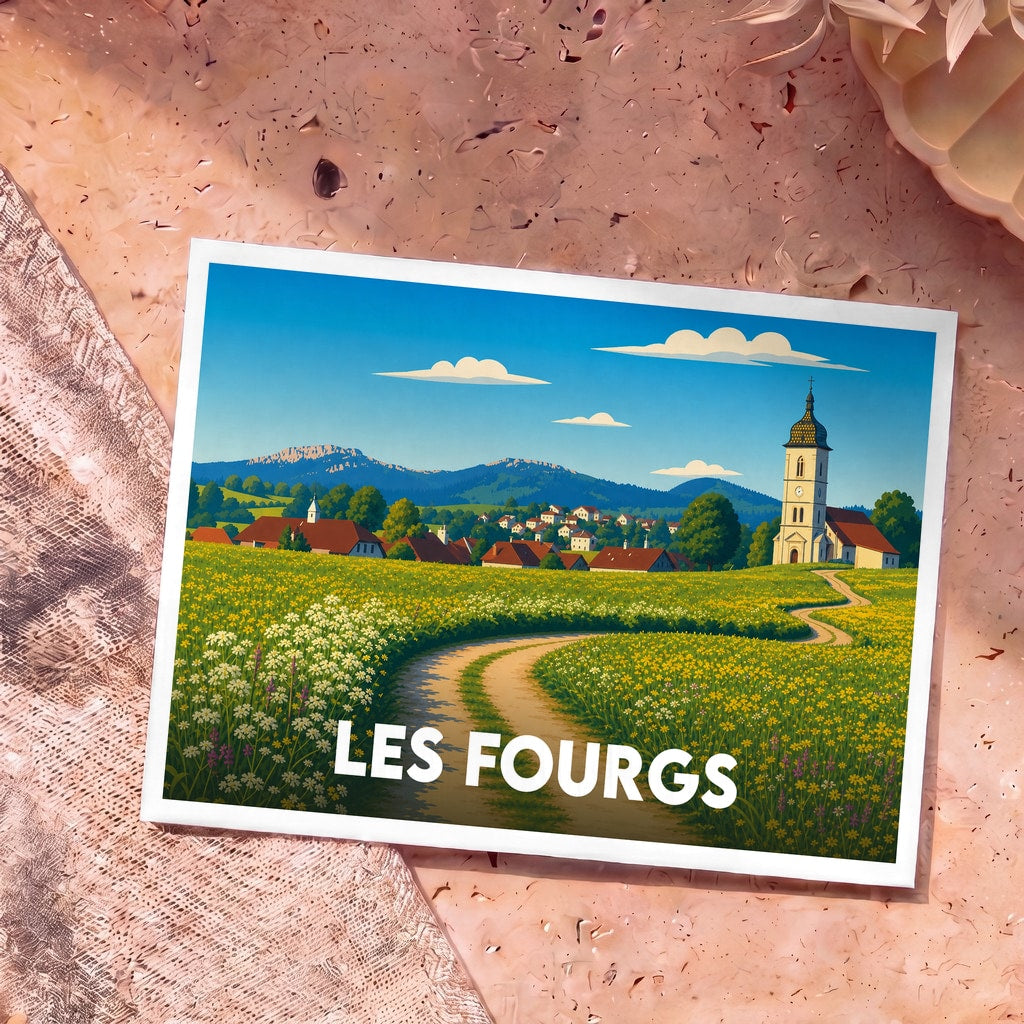 Carte postale souvenir de la ville de Les Fourgs avec une illustration stylisée d'un village de montagne et ses champs de fleurs.