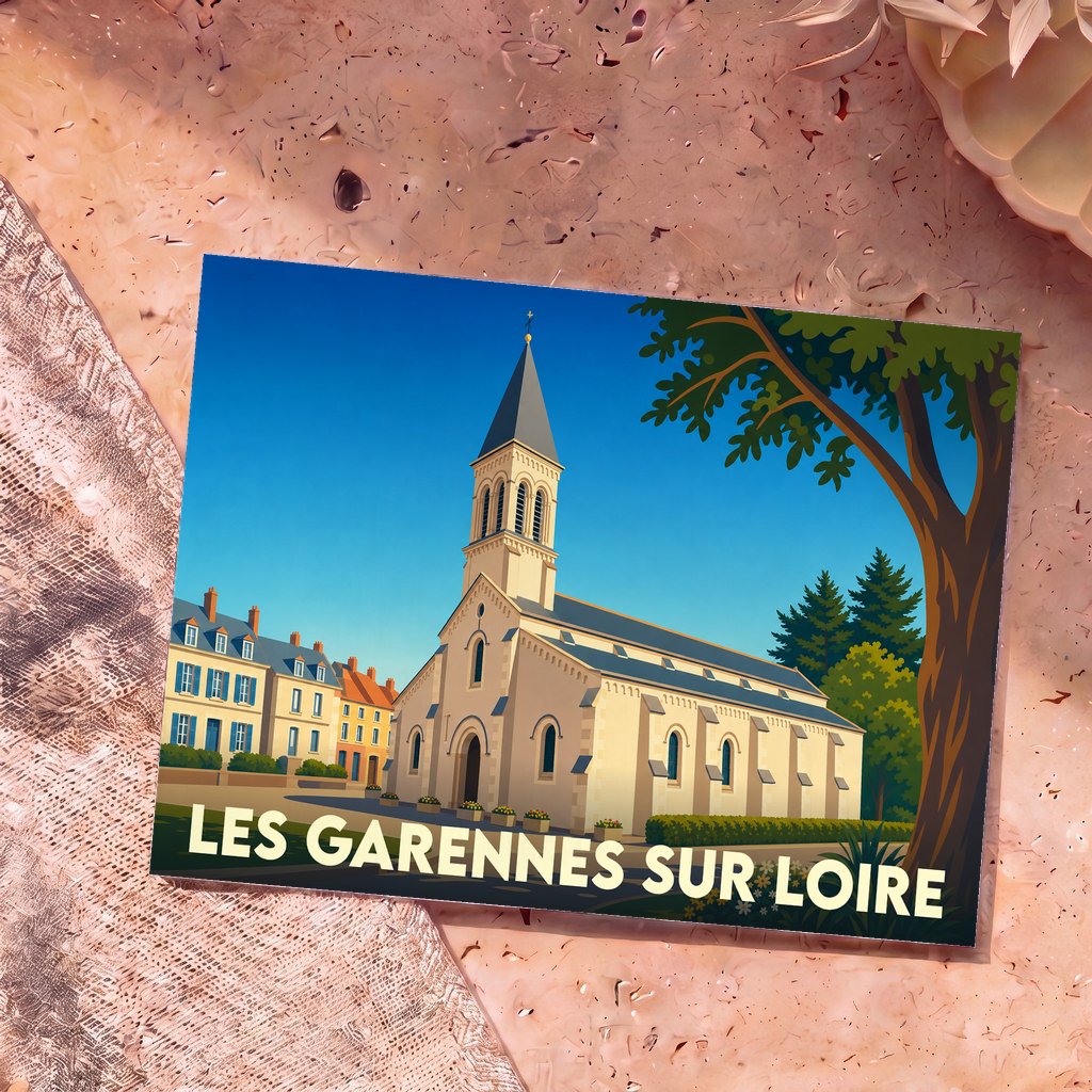 Carte postale souvenir de la ville de Les Garennes sur Loire avec une illustration stylisée de son église.