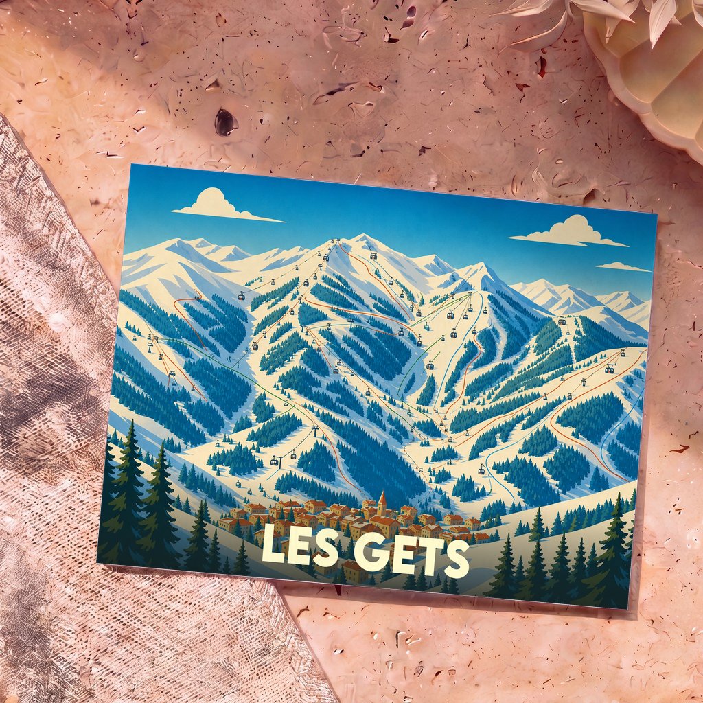 Carte postale souvenir de la ville de Les Gets représentant une illustration stylisée et enneigée de sa station de ski.