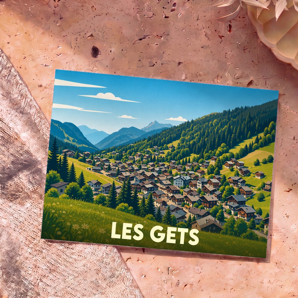 Carte postale souvenir de la ville de Les Gets avec une illustration stylisée d'un village de montagne.