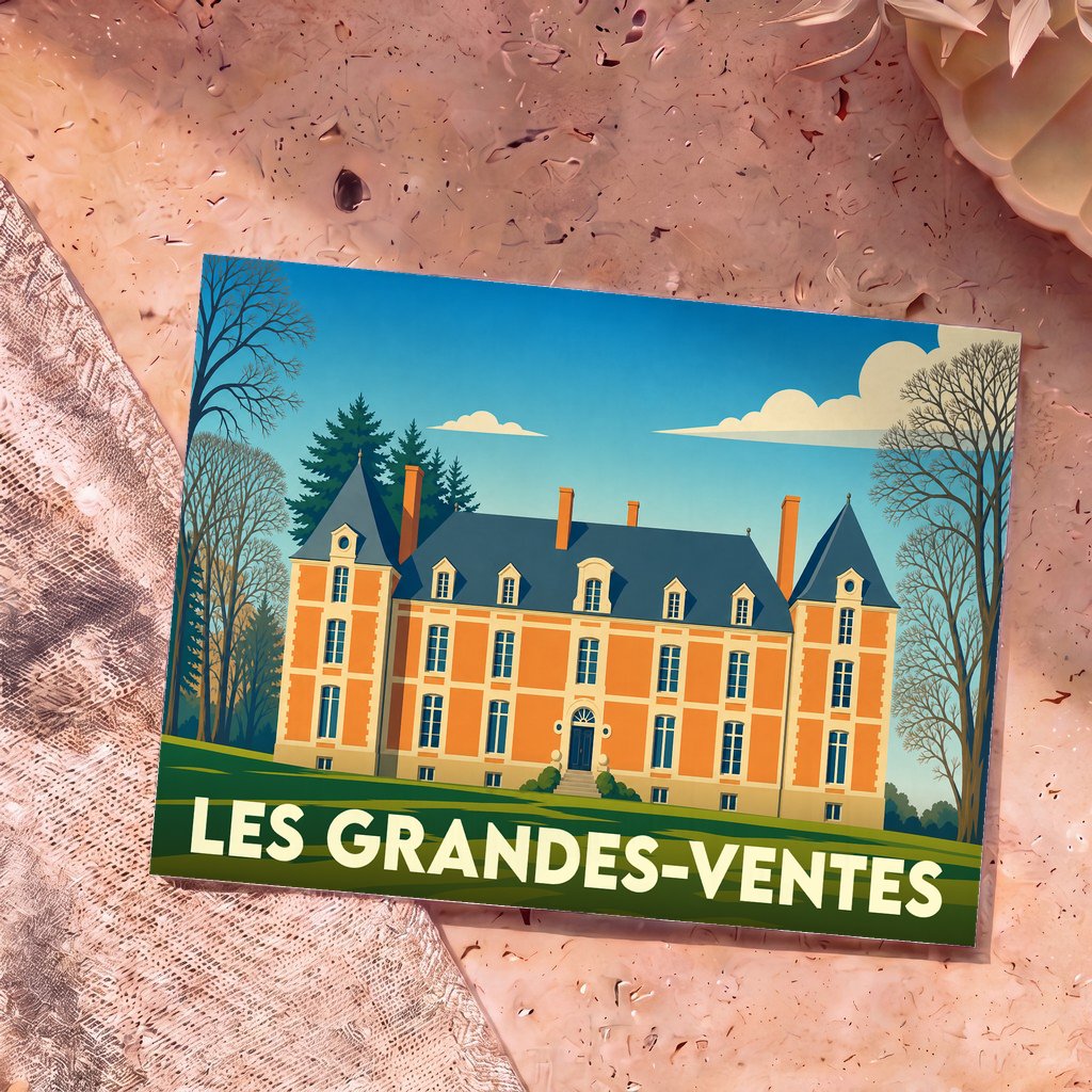 Carte postale souvenir de la ville de Les Grandes-Ventes avec une illustration stylisée d'un château.