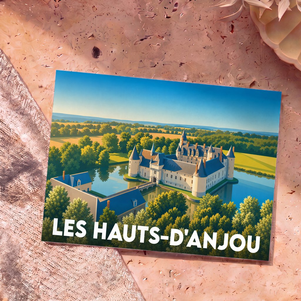 Carte postale souvenir de la ville de Les Hauts-d'Anjou avec une illustration stylisée d'un château.