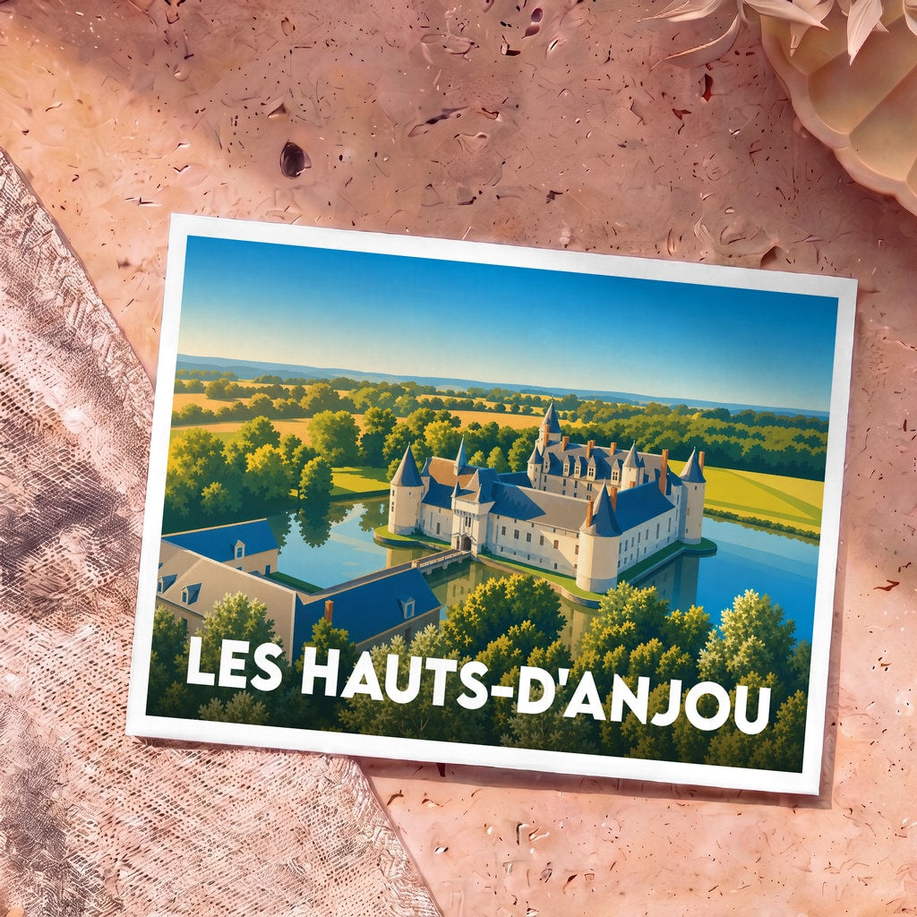 Carte postale souvenir de la ville de Les Hauts-d'Anjou avec une illustration stylisée d'un château.