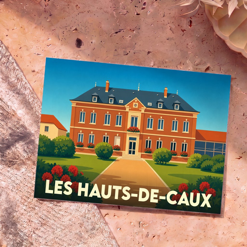 Carte postale souvenir de la commune de Les Hauts-de-Caux avec une illustration stylisée d'un manoir.