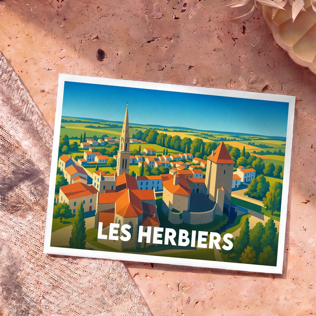 Carte postale souvenir de la ville de Les Herbiers avec une illustration stylisée d'un panorama urbain.