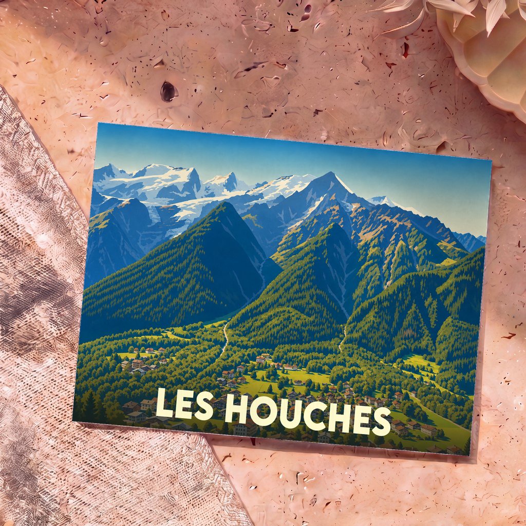 Carte postale souvenir de la ville de Les Houches avec une illustration stylisée des montagnes environnantes.
