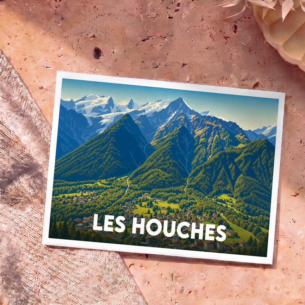 Carte postale souvenir de la ville de Les Houches avec une illustration stylisée de montagnes enneigées dominant la vallée.