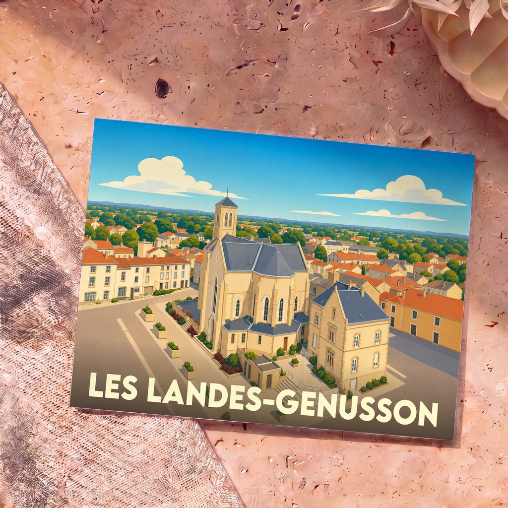Carte postale souvenir de la ville de Les Landes-Genusson illustrant l'église et le centre-bourg dans un style graphique épuré.