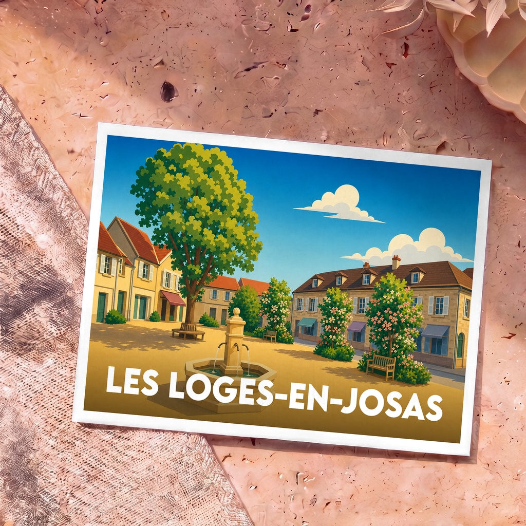 Carte postale souvenir de la ville de Les Loges-en-Josas avec une illustration stylisée de sa place ensoleillée.