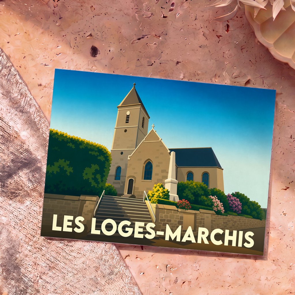 Carte postale souvenir de la ville de Les Loges-Marchis illustrant son église avec un style graphique épuré.