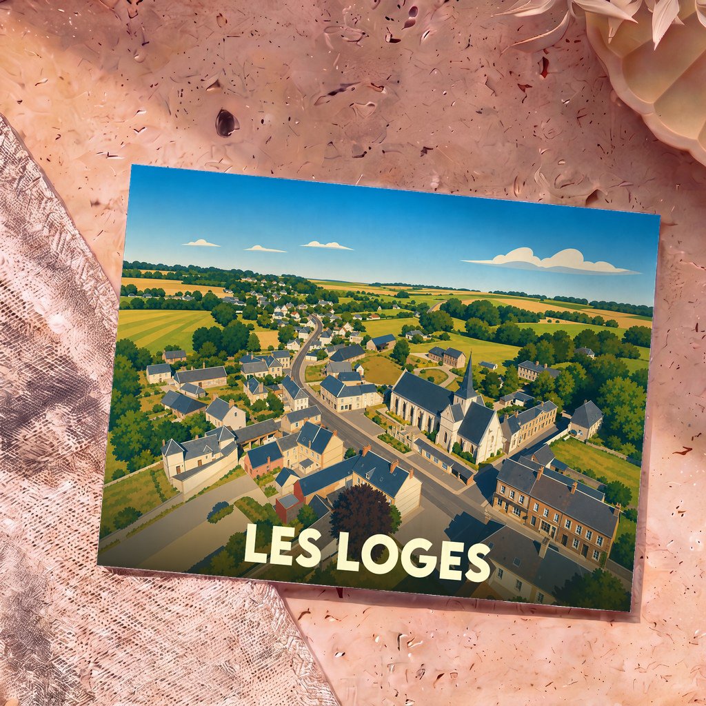 Carte postale souvenir de la ville de Les Loges avec une illustration aérienne et stylisée du village.