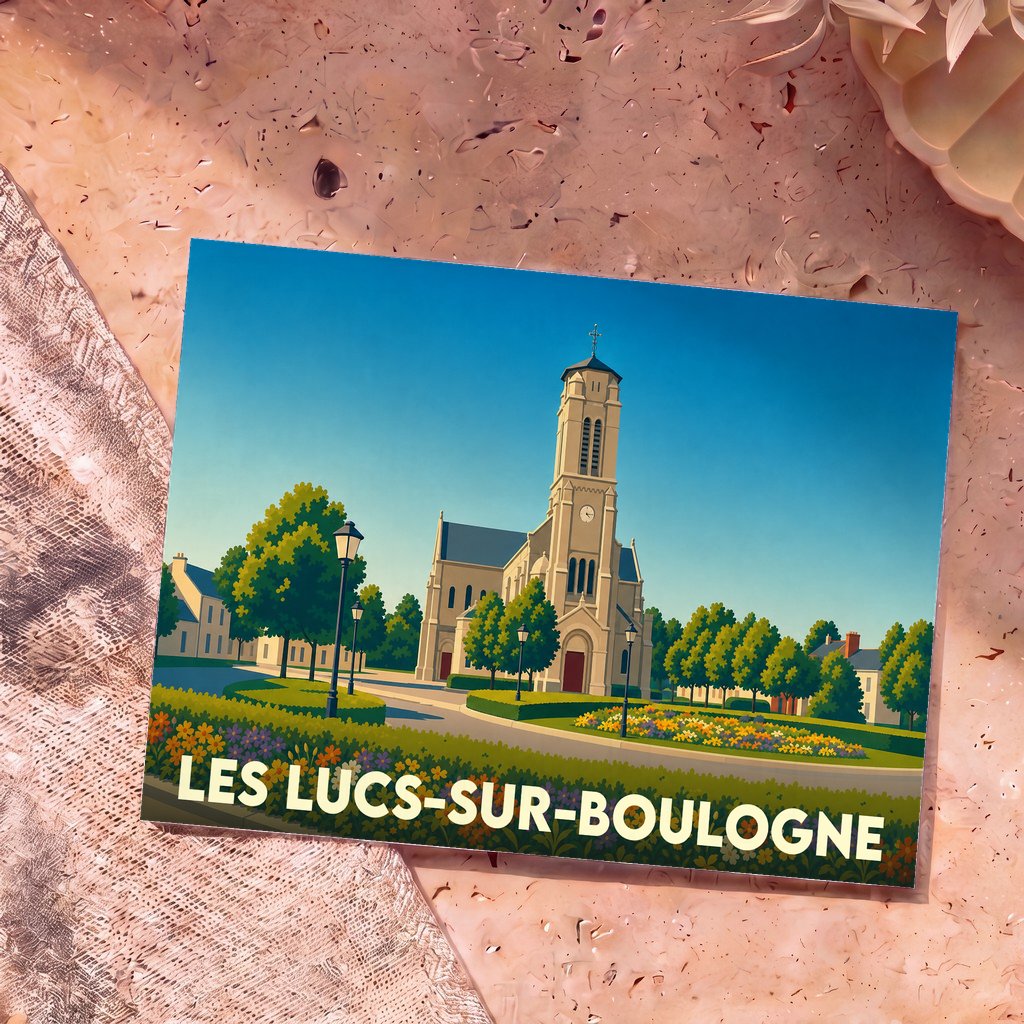 Carte postale souvenir de la ville de Les Lucs-sur-Boulogne avec une illustration stylisée de son église et de ses jardins.