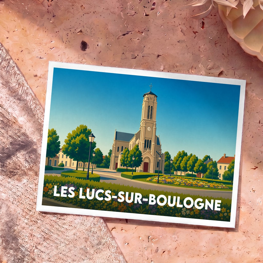 Carte postale souvenir de la ville de Les Lucs-sur-Boulogne avec une illustration stylisée de son église et de ses jardins.