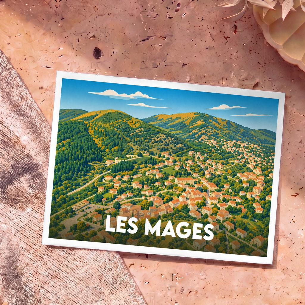 Carte postale souvenir de la ville de Les Mages avec une illustration stylisée de son paysage vallonné.