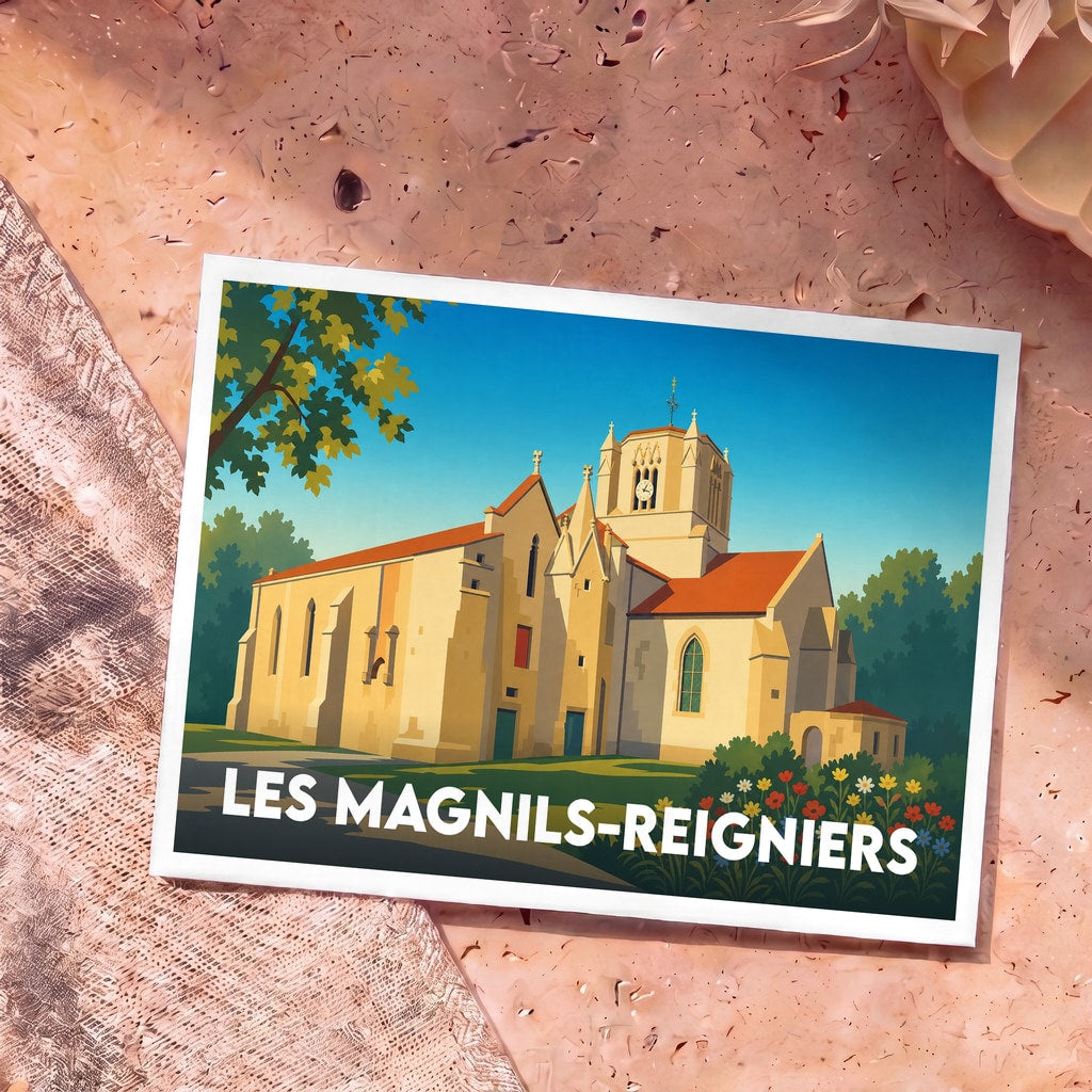 Carte postale souvenir de la ville de Les Magnils-Reigniers avec une illustration stylisée de son église sous un ciel bleu.