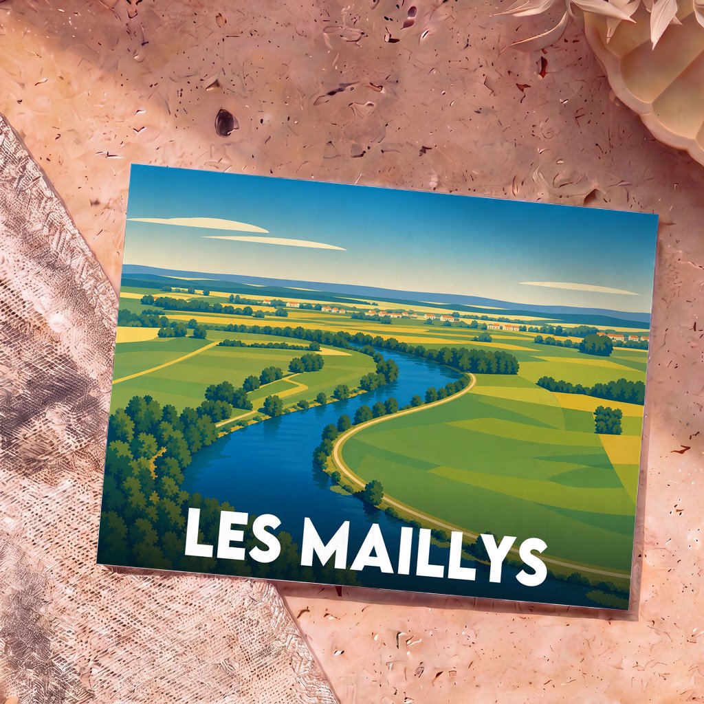 Carte postale souvenir de la ville de Les Maillys illustrant un paysage de rivière et de champs stylisé.