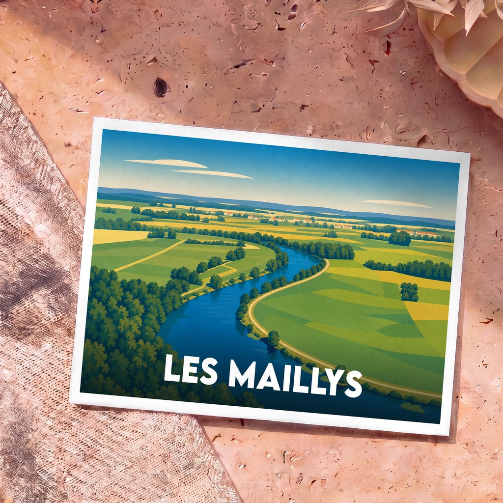 Carte postale souvenir de la ville de Les Maillys illustrant un paysage de rivière et de champs stylisé.