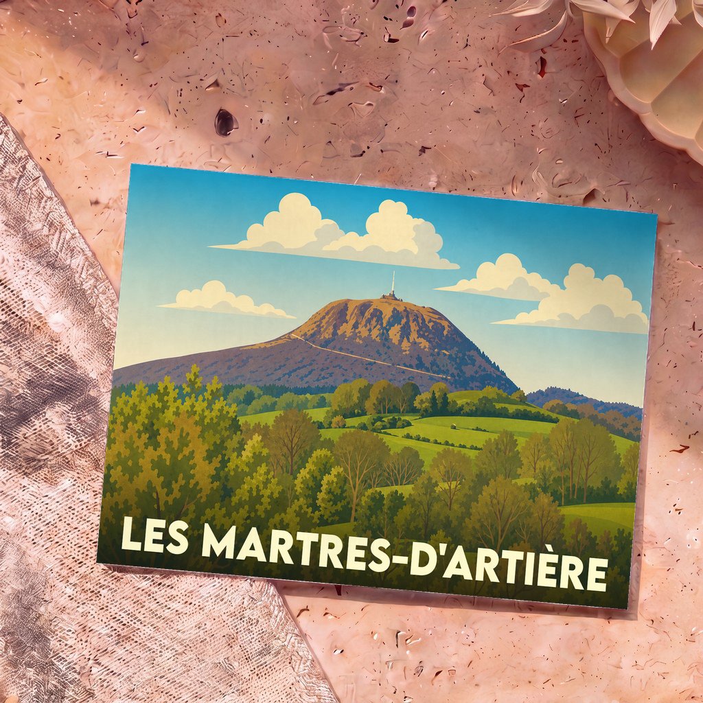 Carte postale souvenir de la ville de Les Martres-d'Artière avec une illustration stylisée du Puy de Dôme surplombant la nature.