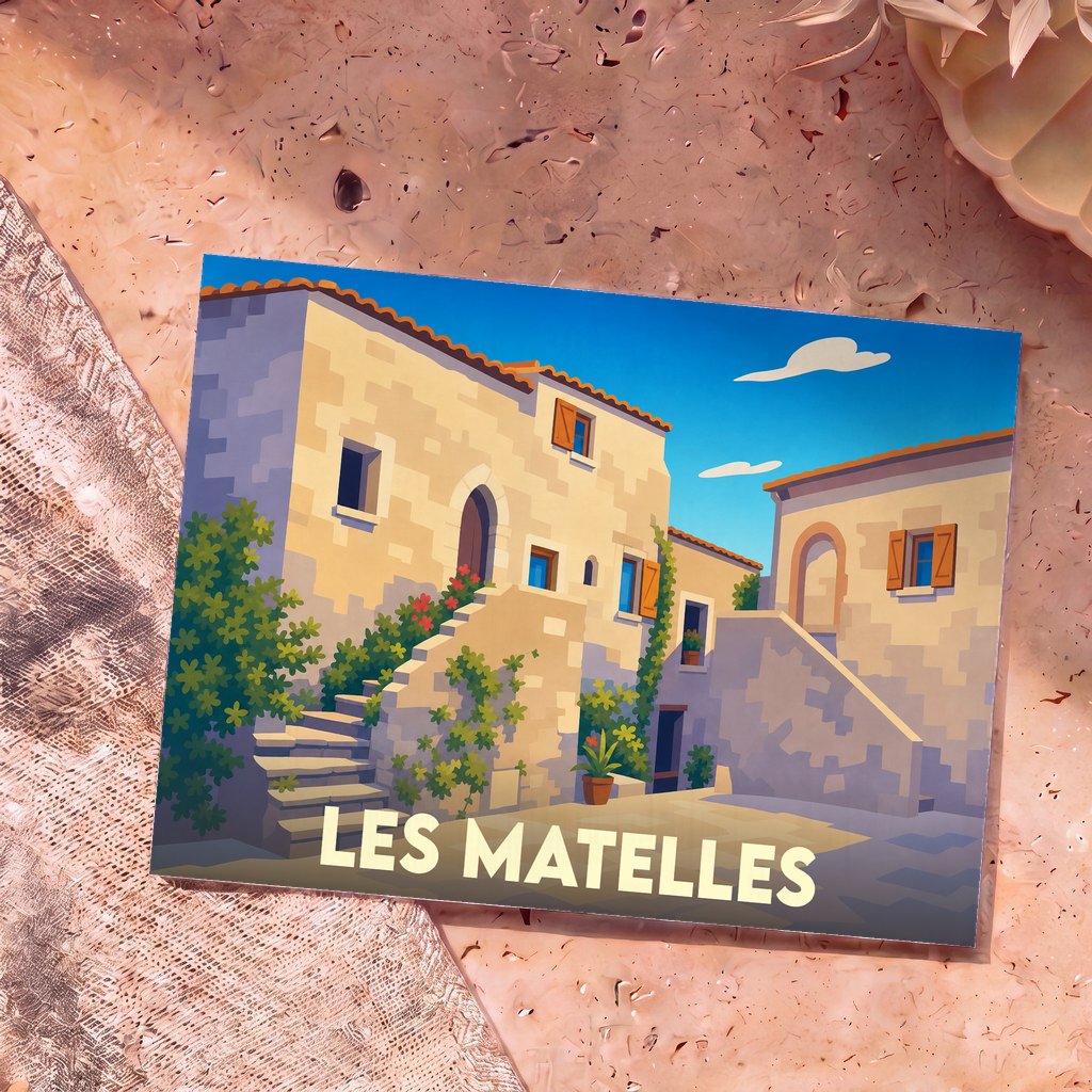 Carte postale souvenir de la ville de Les Matelles avec une illustration stylisée de ses ruelles médiévales.