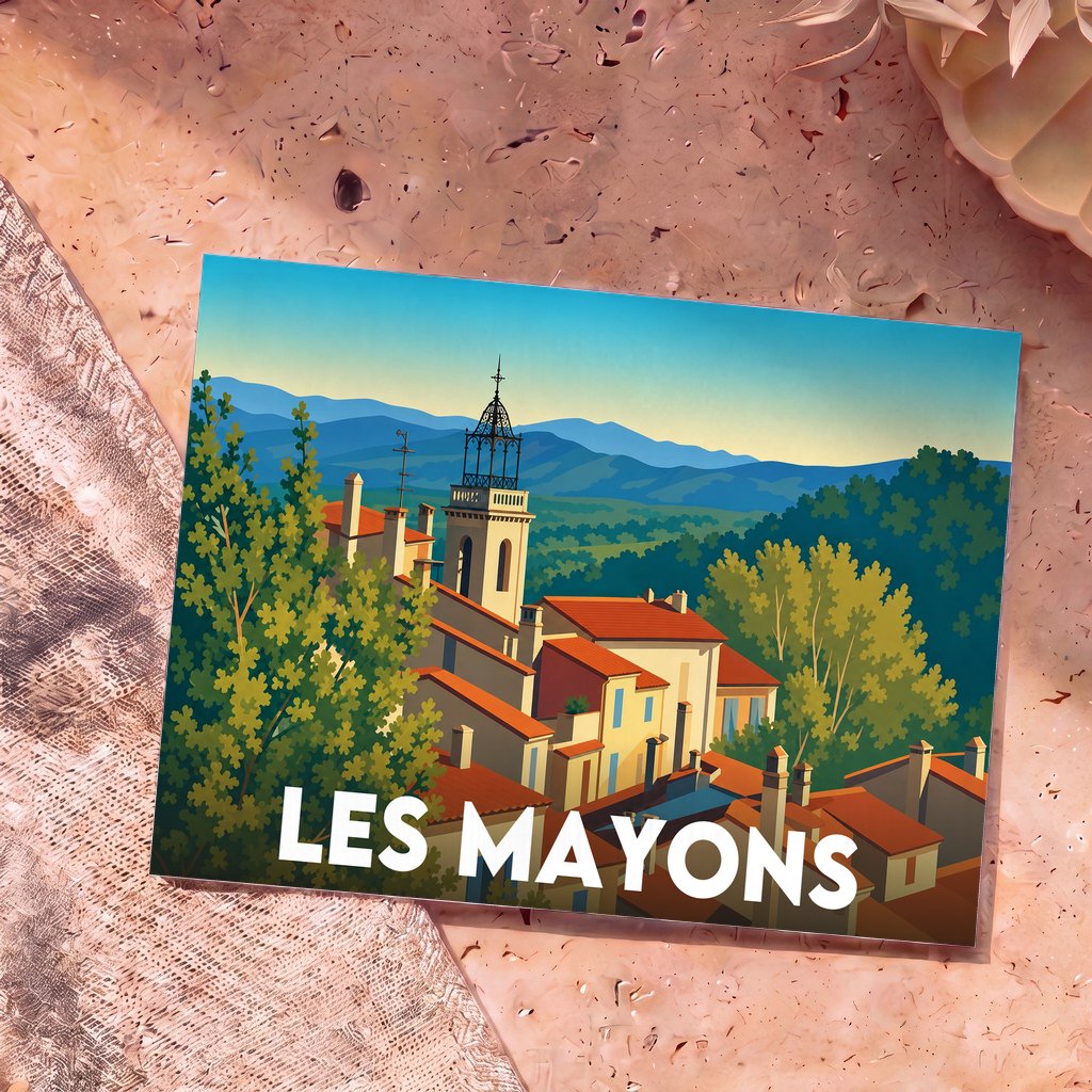Carte postale souvenir de la ville de Les Mayons avec une illustration stylisée de son clocher et de ses toits provençaux.