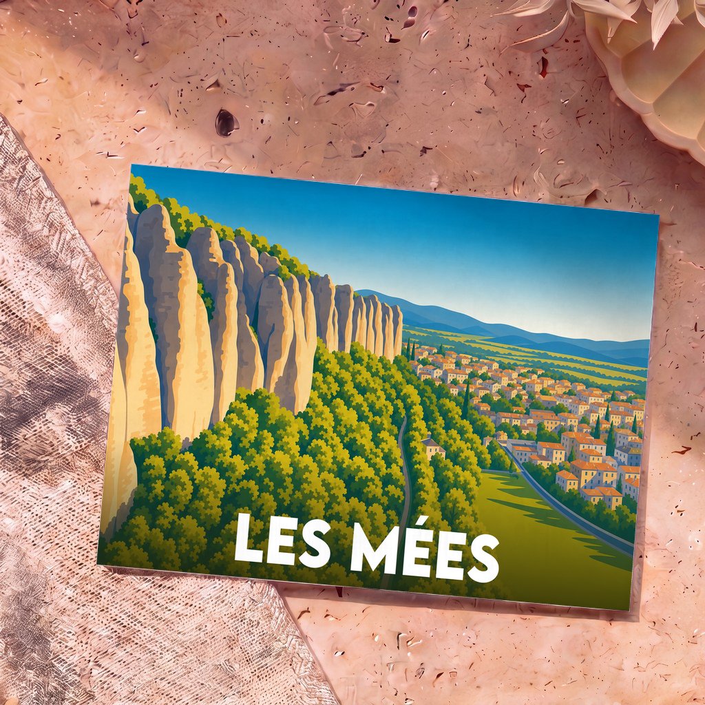 Carte postale souvenir de la ville de Les Mées avec une illustration stylisée de ses célèbres rochers.