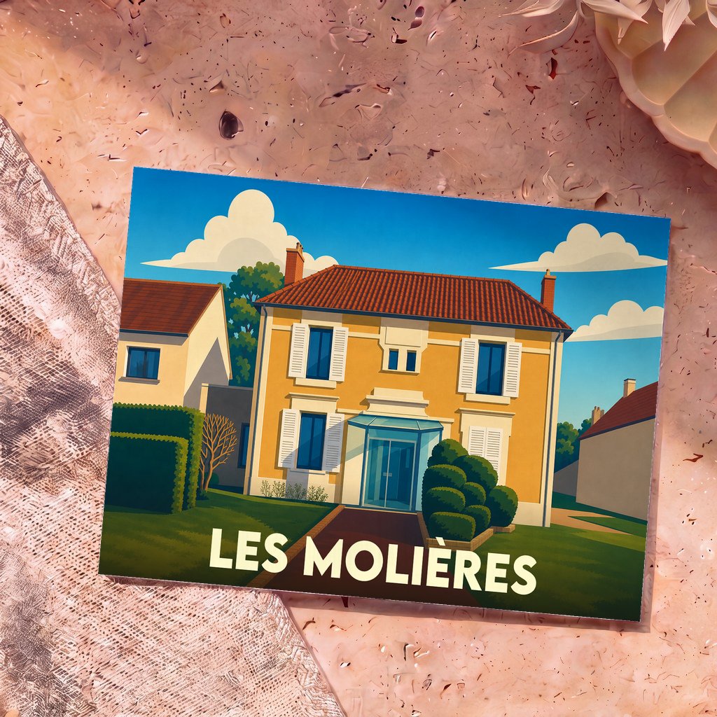 Carte postale souvenir de la ville de Les Molières illustrant une maison typique dans un style graphique épuré.
