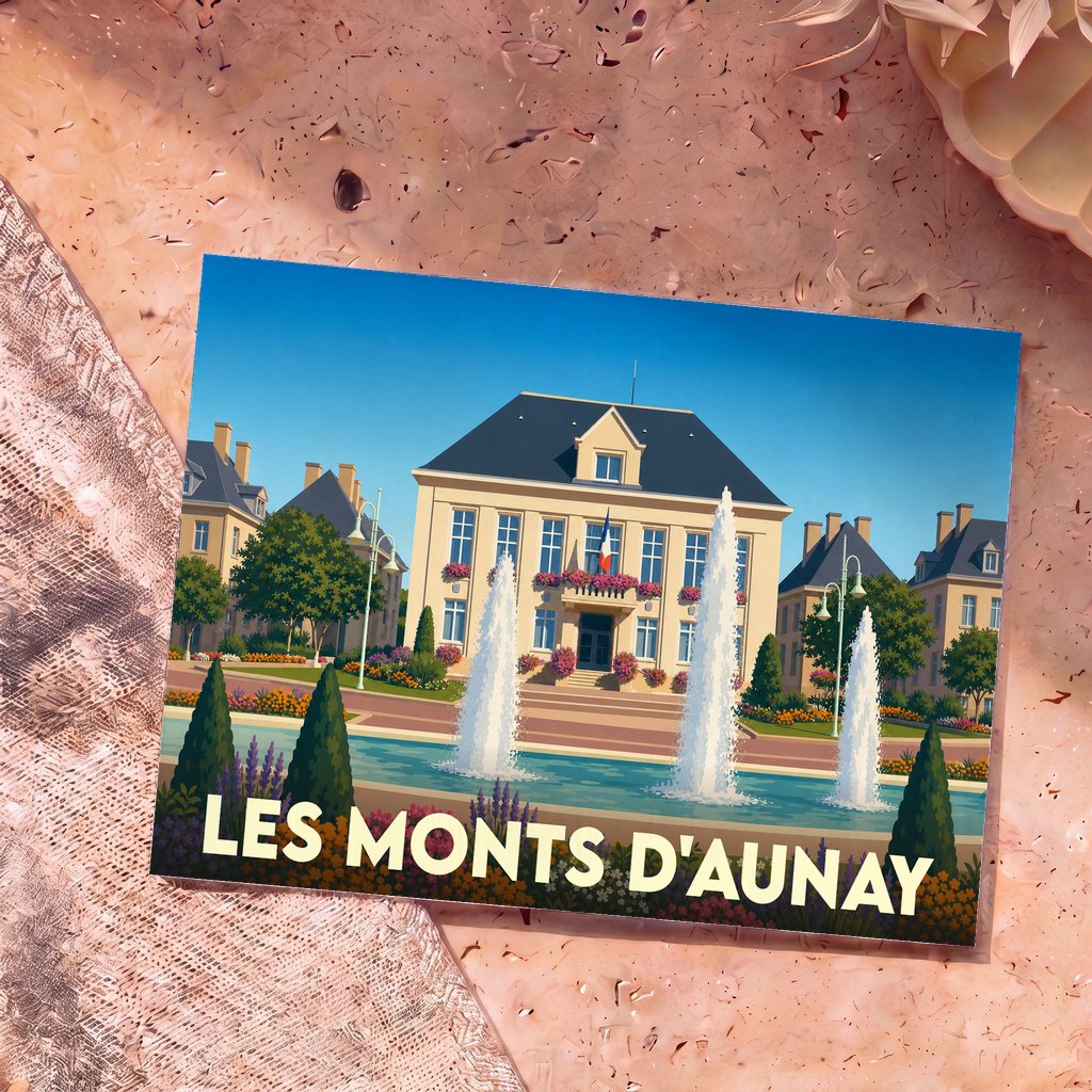 Carte postale souvenir de la ville de Les Monts d'Aunay illustrant l'hôtel de ville et ses fontaines dans un style graphique épuré.