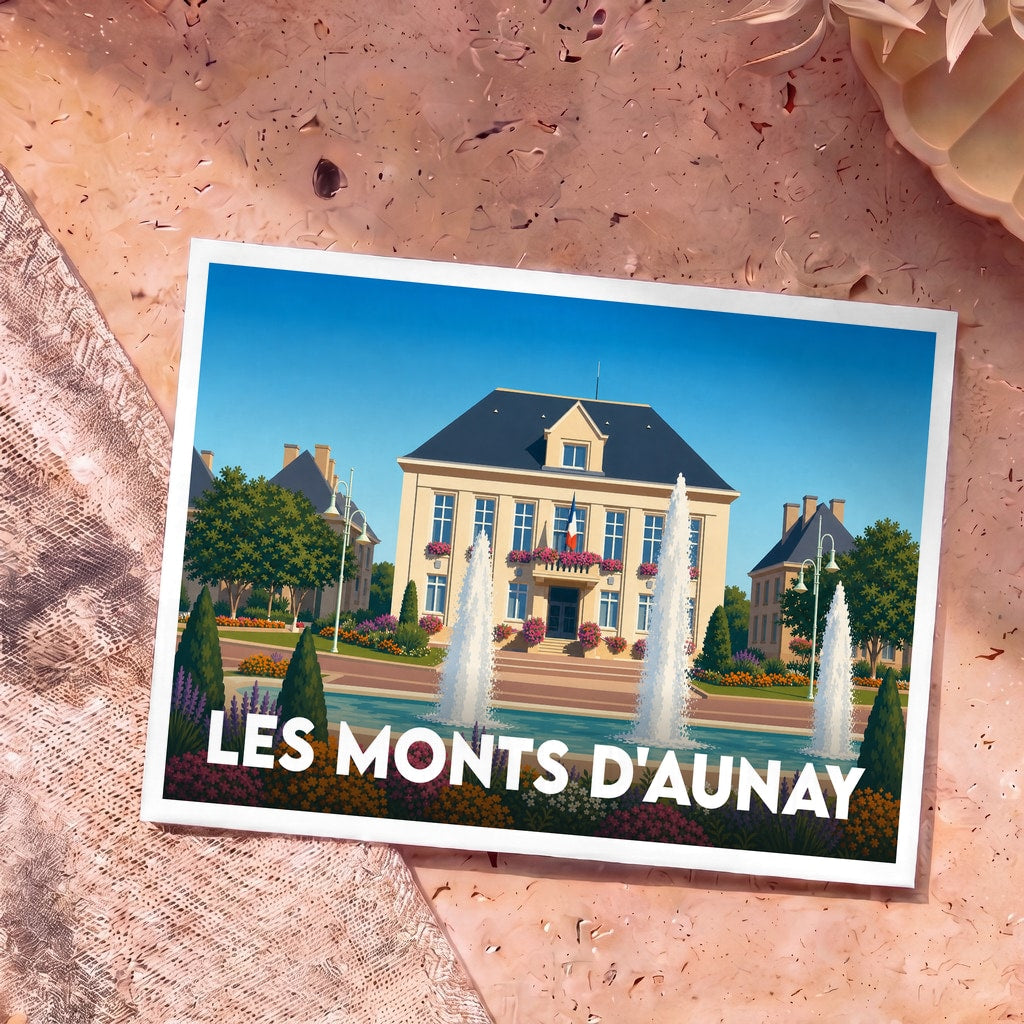 Carte postale souvenir de la ville de Les Monts d'Aunay avec une illustration stylisée de l'hôtel de ville et de ses fontaines.