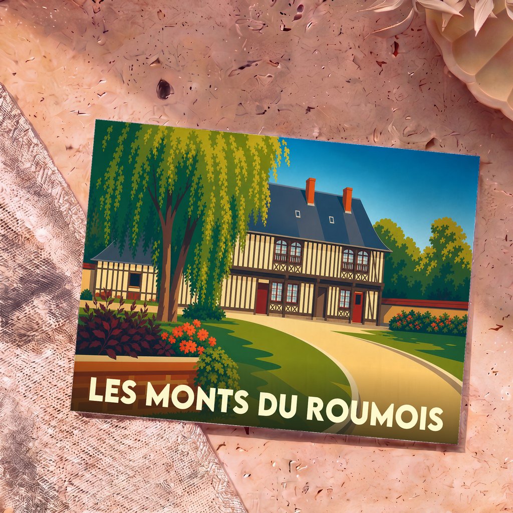 Carte postale souvenir de la ville de Les Monts du Roumois avec une illustration stylisée d'une maison à colombages normande.