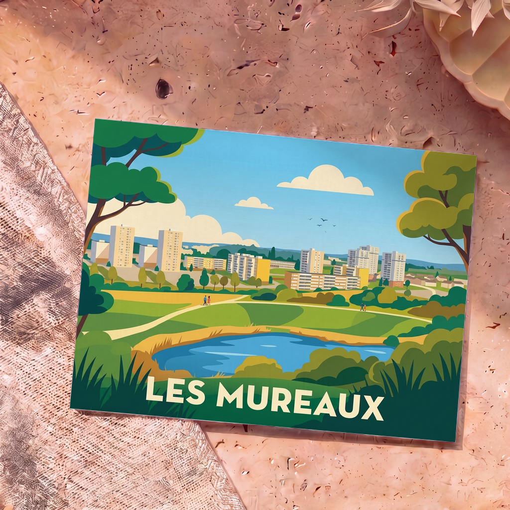 Carte postale souvenir de la ville de Les Mureaux illustrant un paysage urbain verdoyant avec un étang.